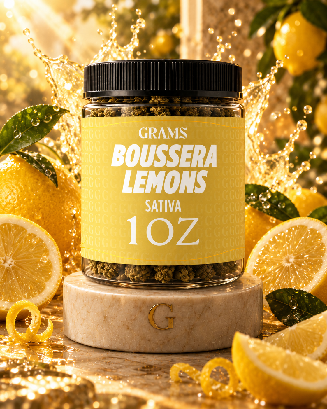 Grams Boussera Lemons sativa one-ounce flower jar