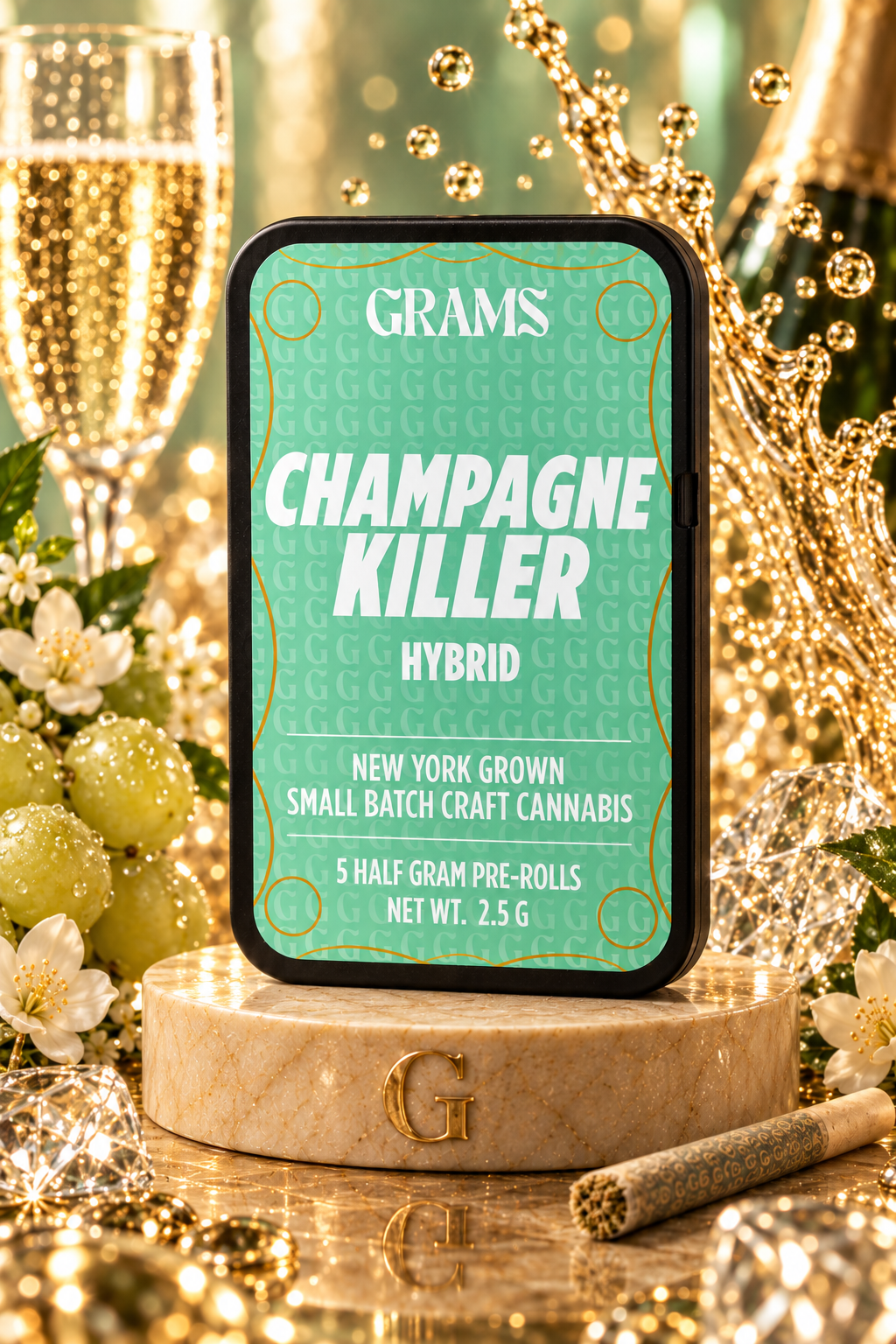 Grams Champagne Killer hybrid five-pack pre-roll tin