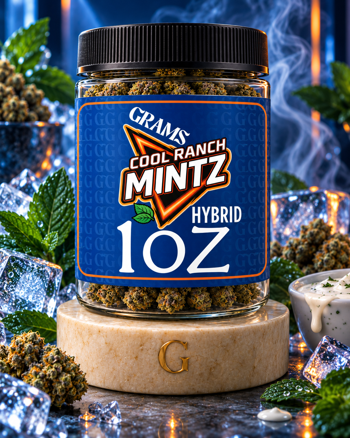 Grams Cool Ranch Mintz hybrid one-ounce flower jar