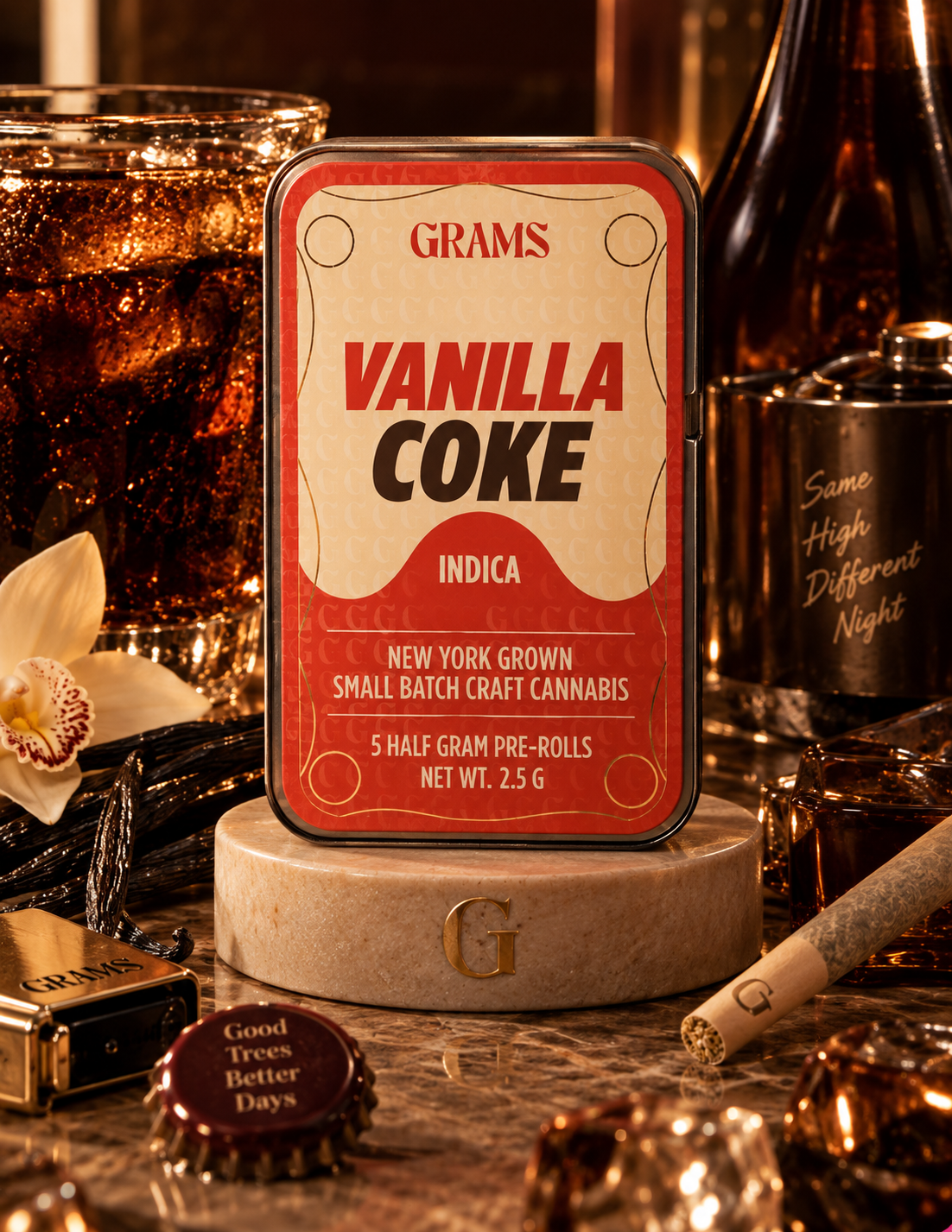 Grams Vanilla Coke indica five-pack pre-roll tin