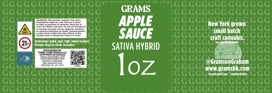 Original green Grams Applesauce sativa-hybrid ounce label with product identification and safety information