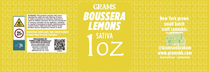 Original yellow Grams Boussera Lemons sativa ounce label shown flat with its product name and package information