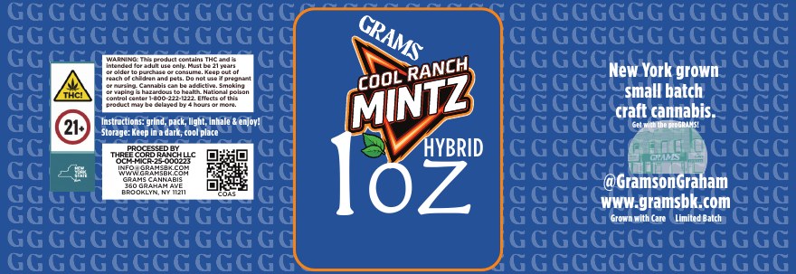 Original blue Grams Cool Ranch Mintz hybrid ounce label, shown flat so the package text is visible