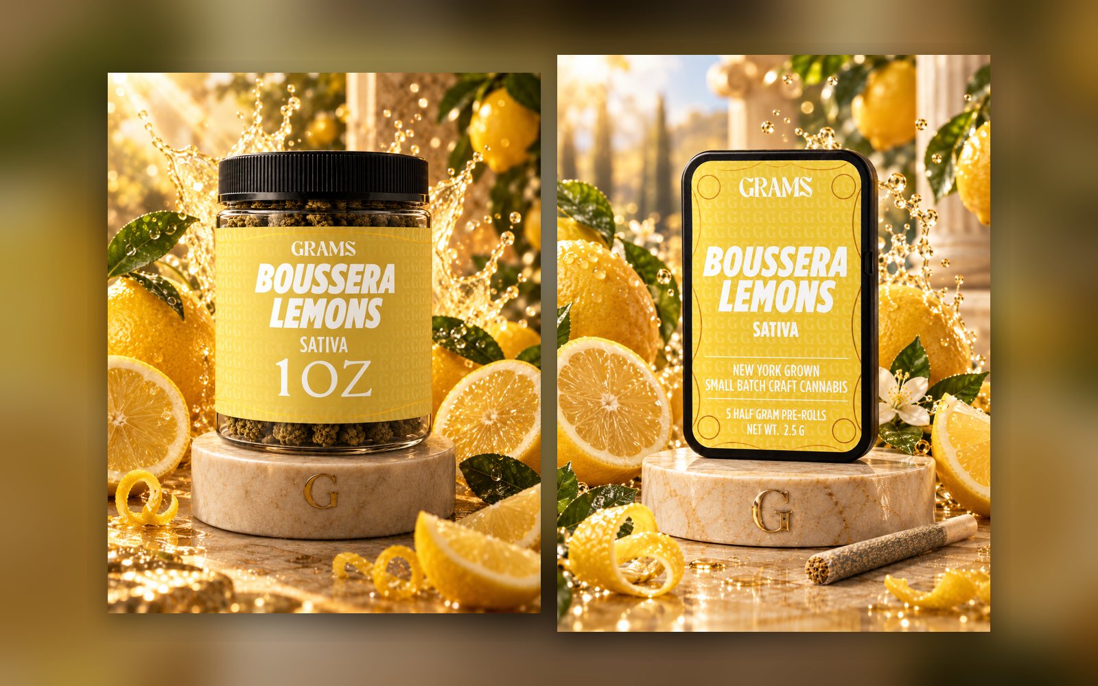 Grams Boussera Lemons one-ounce flower jar beside the Boussera Lemons five-pack tin