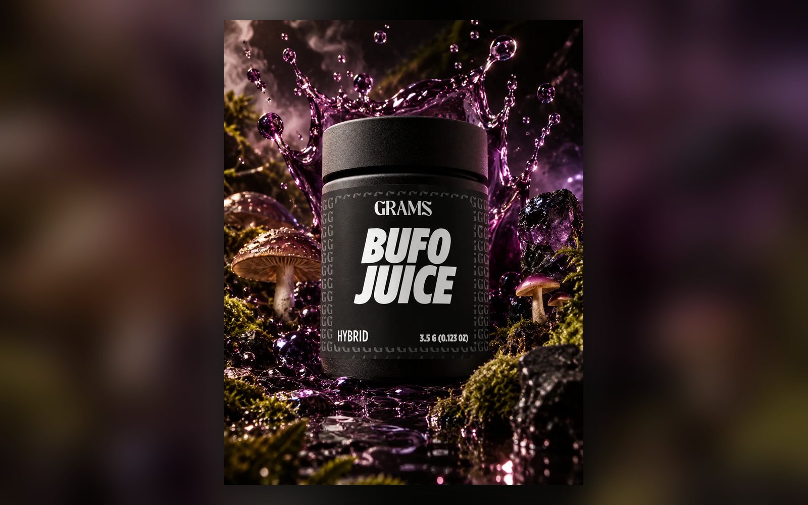 Grams Bufo Juice hybrid 3.5g flower jar among moss and mushrooms