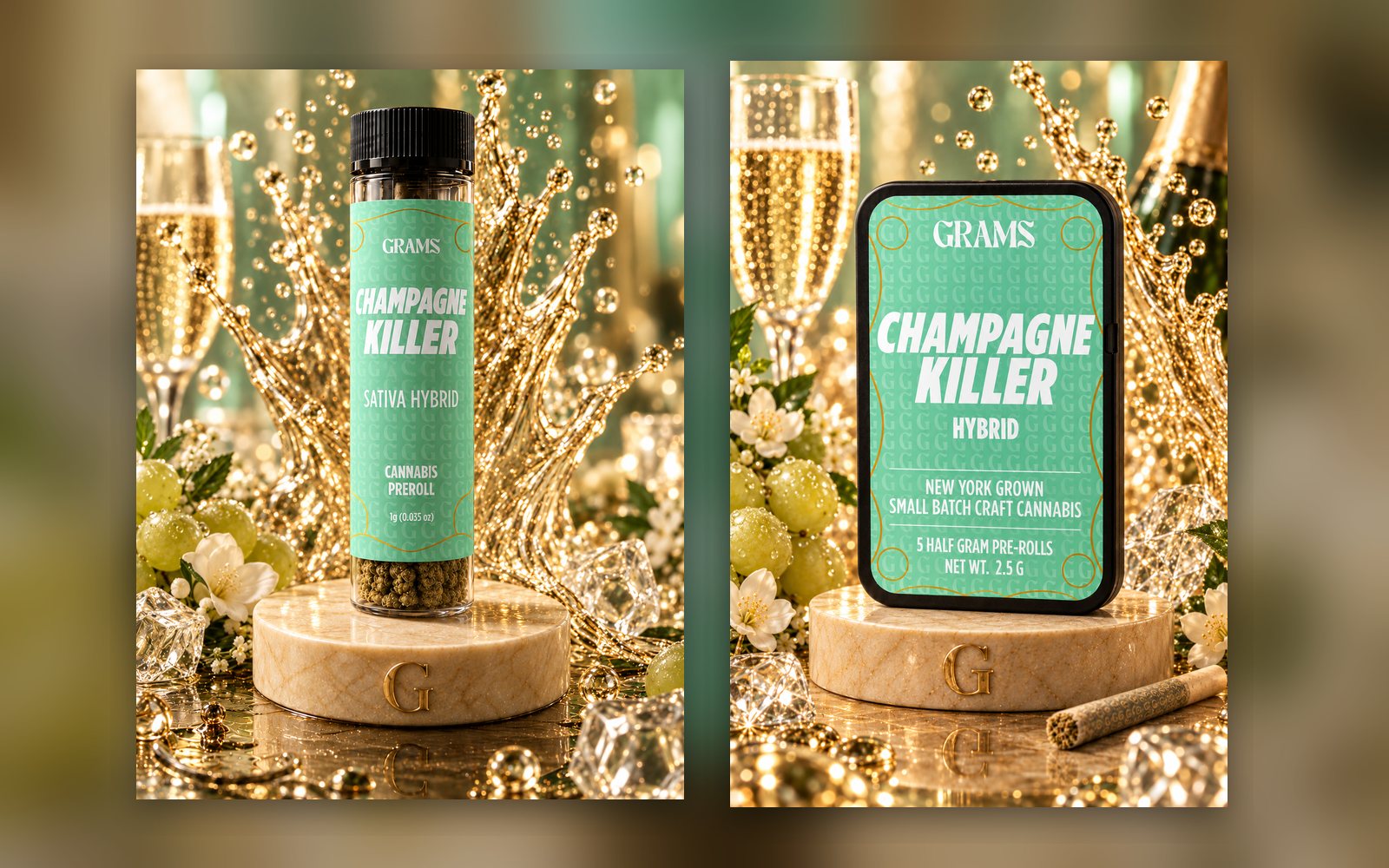 Grams Champagne Killer 1g pre-roll tube beside the Champagne Killer five-pack tin