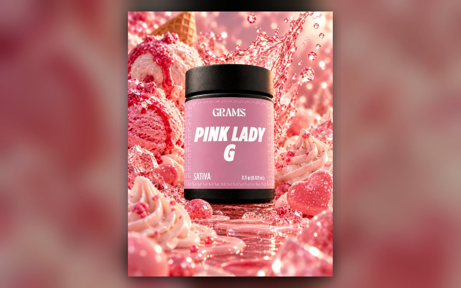 Grams Pink Lady G sativa 3.5g flower jar in a pink scene