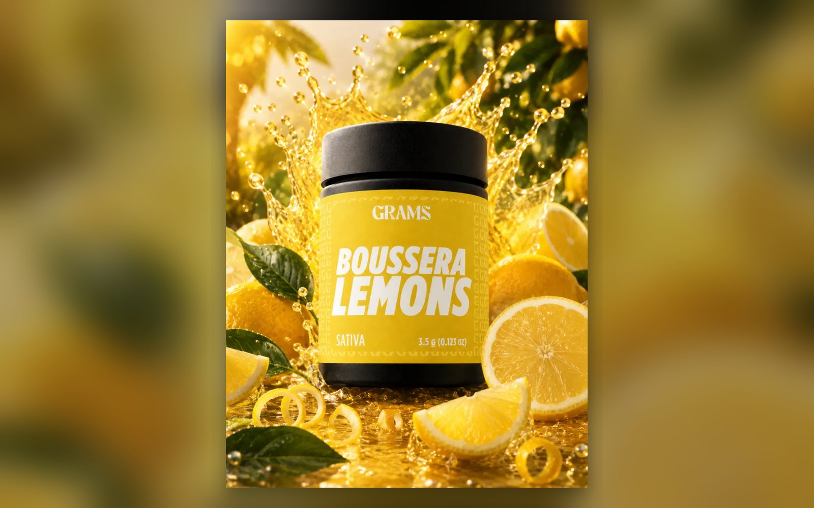 Grams Boussera Lemons sativa eighth jar surrounded by lemons
