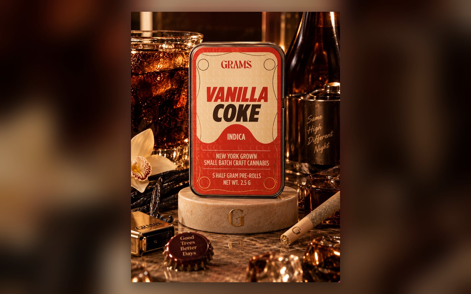 Grams Vanilla Coke indica five-pack pre-roll tin