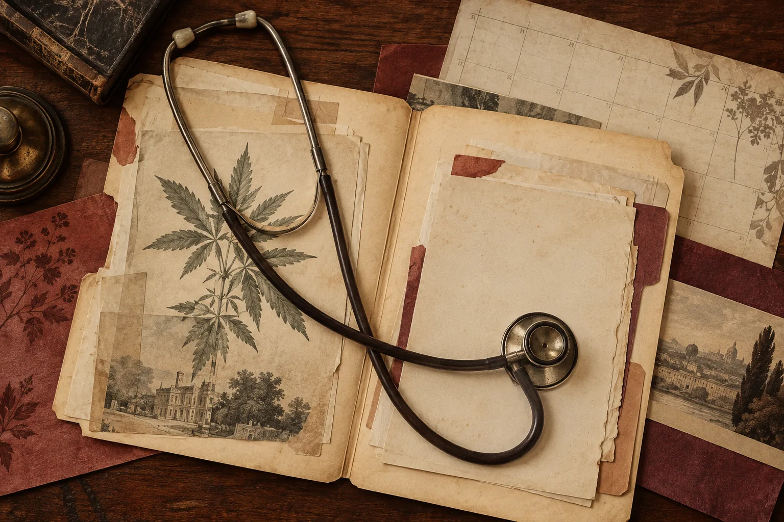 Archival-style illustration of a stethoscope, paper medical folder and botanical study