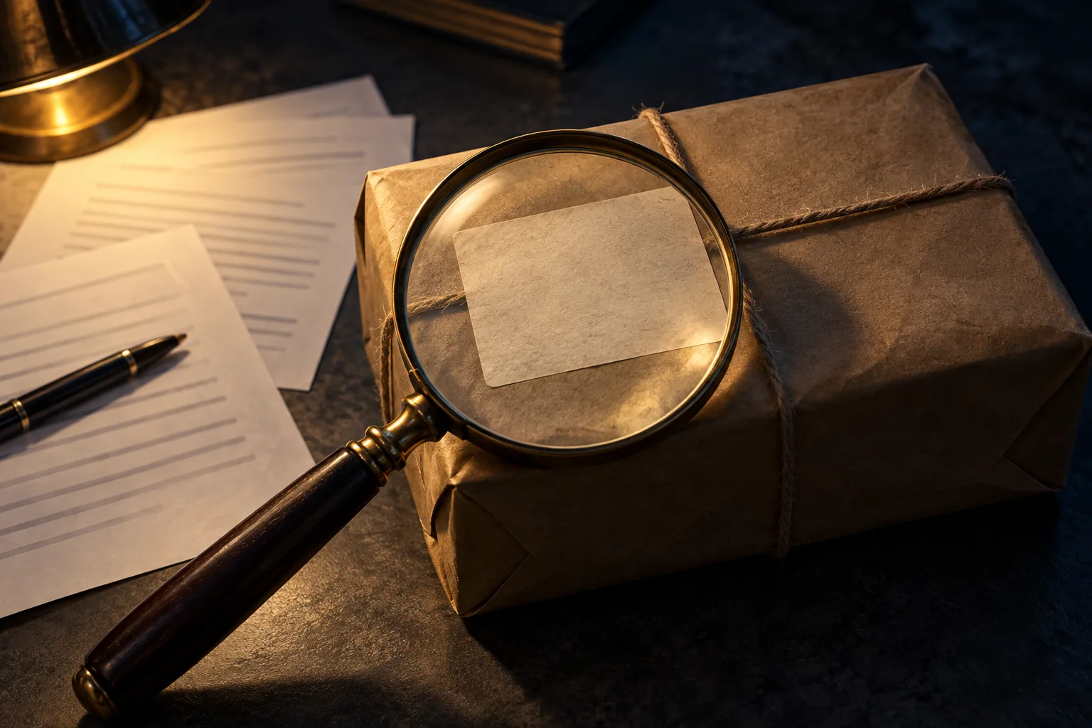 Editorial illustration of a magnifying glass examining a blank label on a sealed parcel