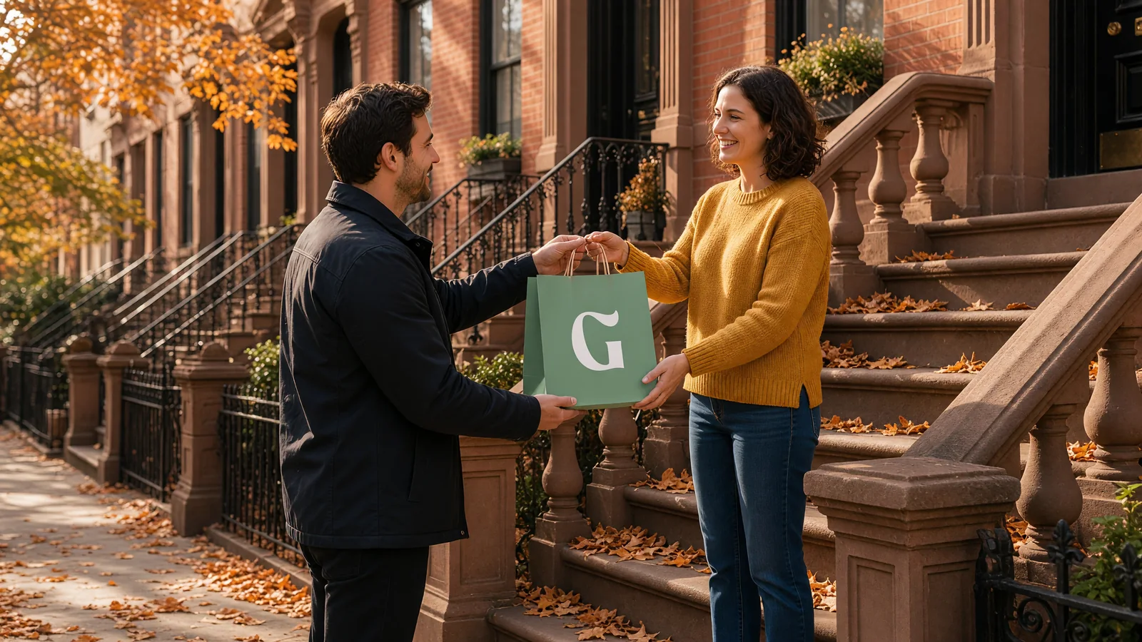 A courier hands a sage-green Grams bag to a resident on a Bed-Stuy brownstone stoop