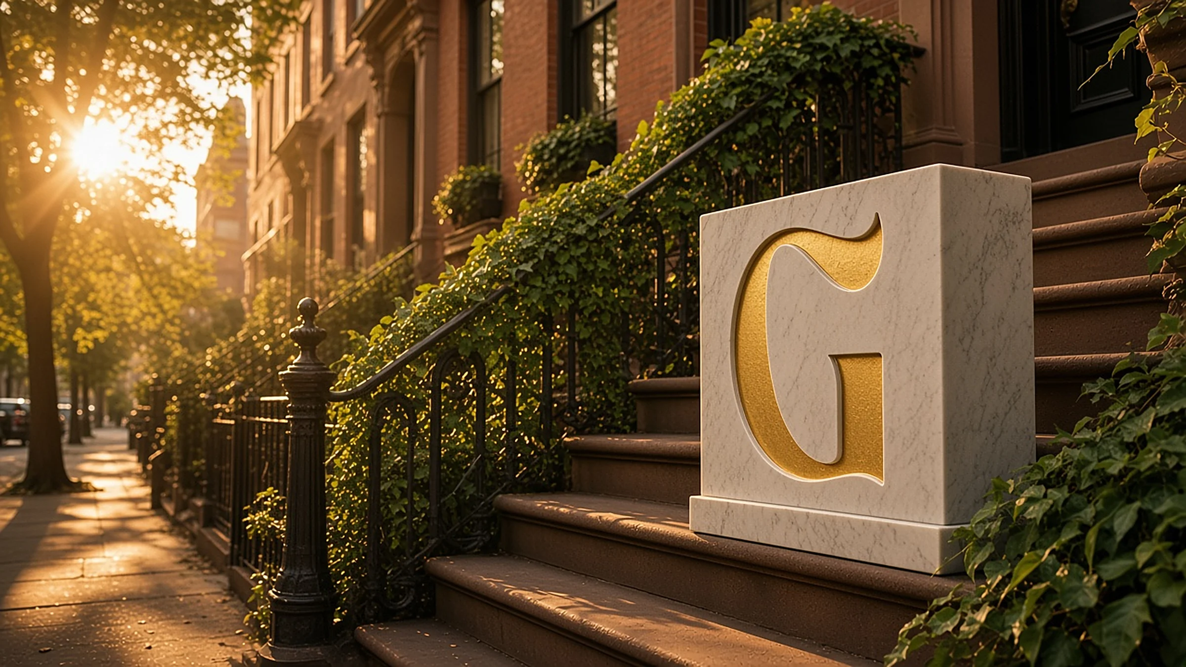 A cream marble block carved with the gold Grams G on a Brooklyn brownstone stoop at golden hour