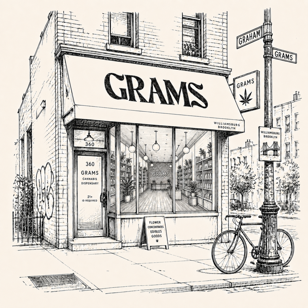Hand-drawn sketch of the Grams dispensary storefront in Williamsburg, Brooklyn
