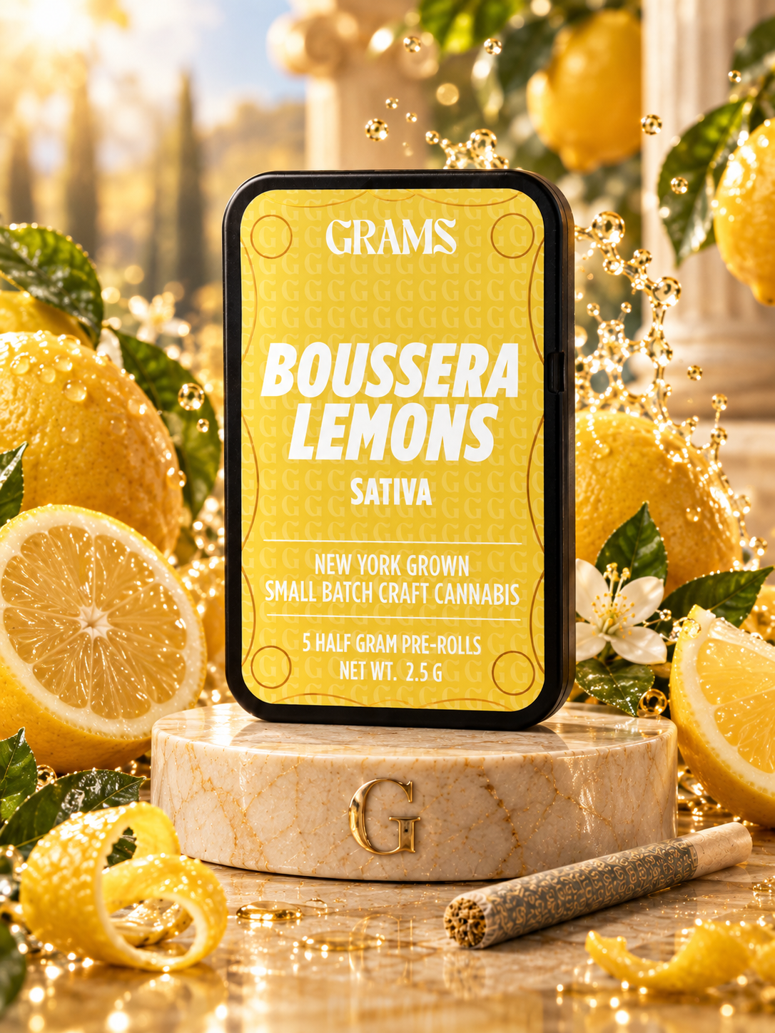 Grams Boussera Lemons sativa five-pack tin labeled five half-gram pre-rolls, net weight 2.5g