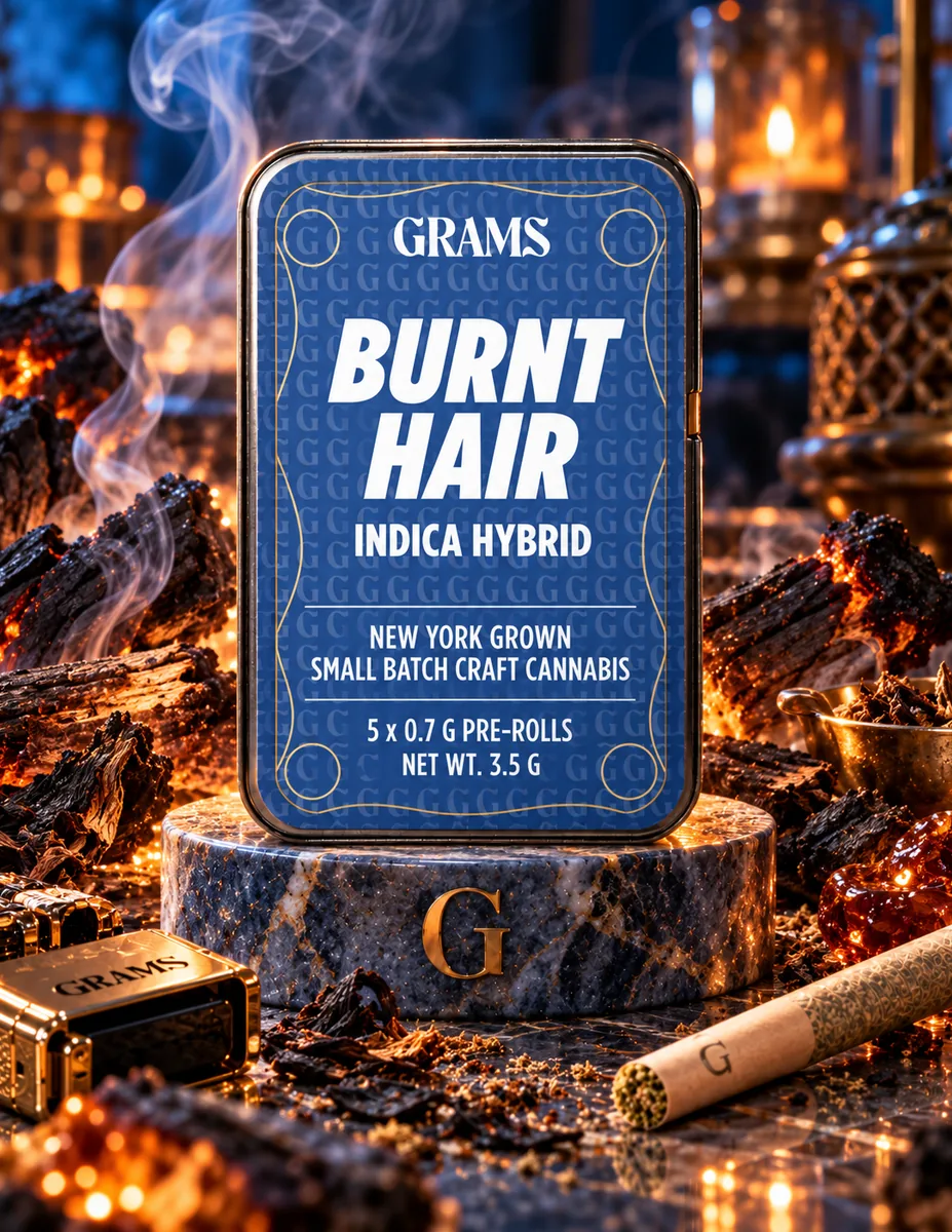 Grams Burnt Hair indica-hybrid five-pack pre-roll tin