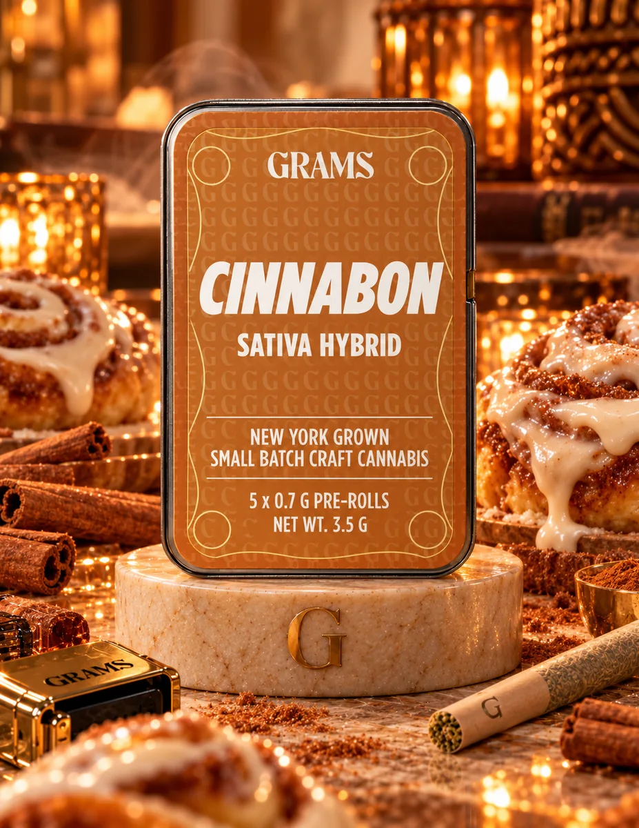 Grams Cinnabon sativa-hybrid five-pack pre-roll tin