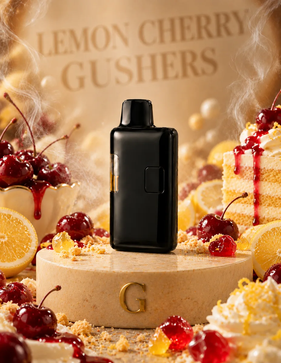 Grams Lemon Cherry Gushers all-in-one vape on a marble stand