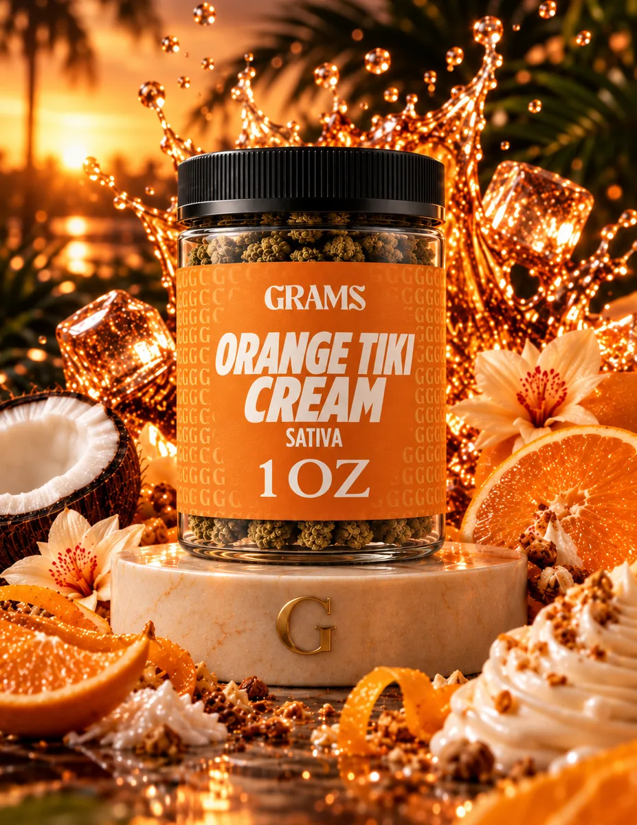 Grams Orange Tiki Cream sativa one-ounce flower jar