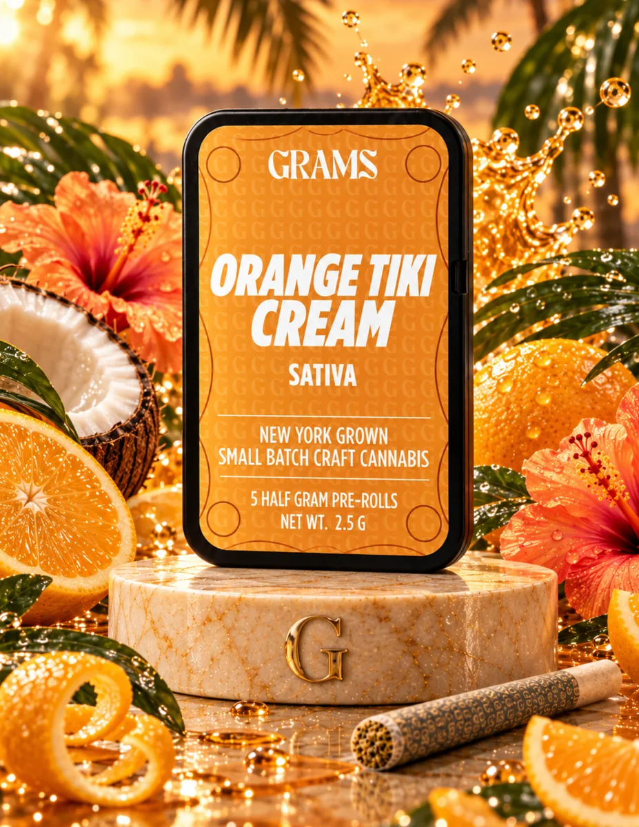 Grams Orange Tiki Cream sativa five-pack pre-roll tin