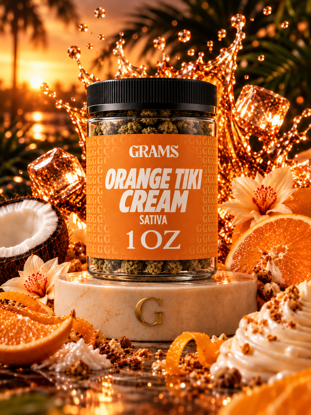 Grams Orange Tiki Cream flower jar with an orange label reading Sativa and 1 OZ
